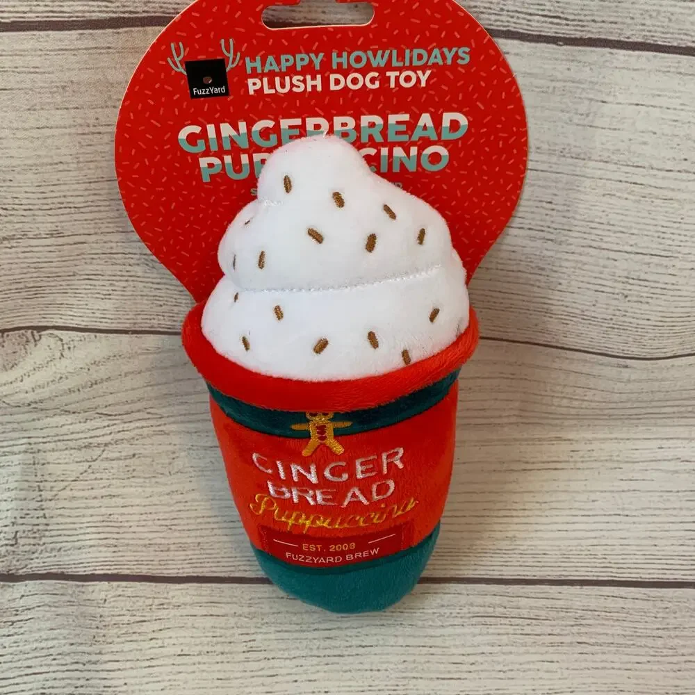 Happy Howlidays Gingerbread Puppuccino Dog Toy Plush Stuffed Squeaker Coffee Cup